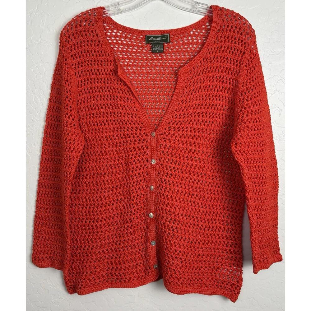 Eddie Bauer Cardigan L Orange Button Crochet Hippie Y2k‎ 1664